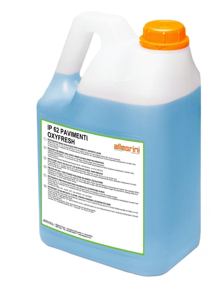 IP 62 PAVIMENTI OXYFRESH Detergente alcolico profumato, non lascia aloni, per tutte le superfici dure lavabili.
