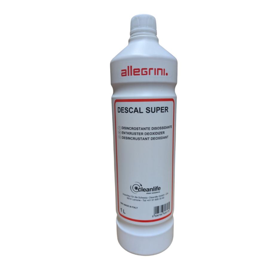 DESCAL SUPER 1LT (UN 1805,8,III) Prodotto per la dissoluzione ed asportazione di residui inorganici quali ossidi, calcare, ruggine dalle superfici d'impianti industriali e macchine del settore alimentare e non.